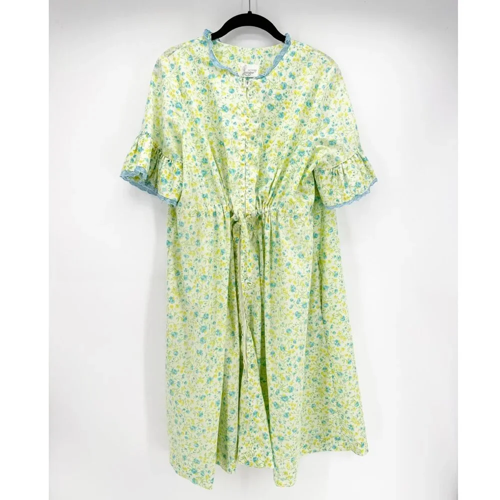 LOUNGEES Pettirobe Vtg Green Blue Floral Pockets MuMu House Dress Loungewear M - Picture 4 of 14